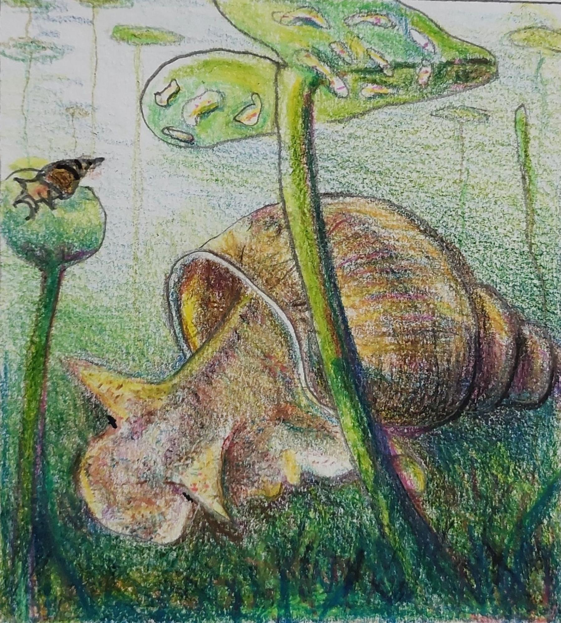 Kleurrijke illustratie van een slak en een rups tussen planten